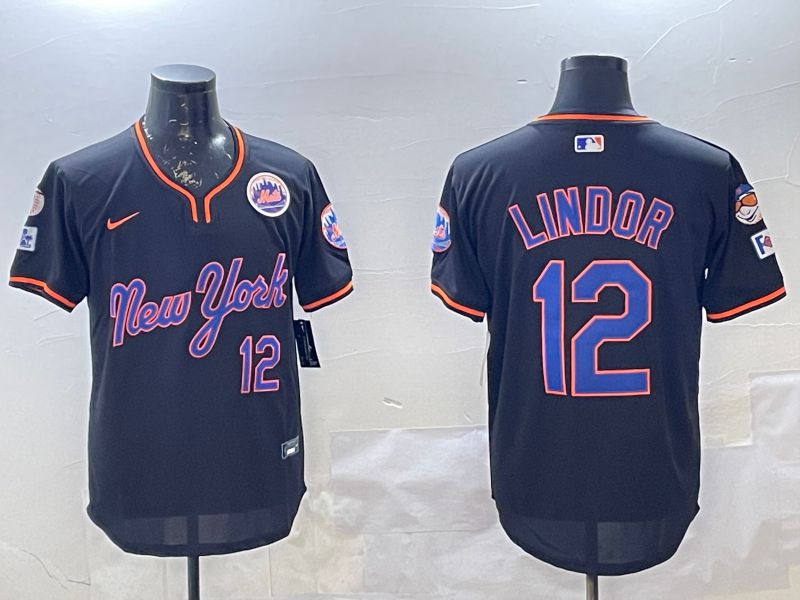 Men New York Mets #12 Lindor Black Throwback Game Nike 2025 MLB Jersey style 2